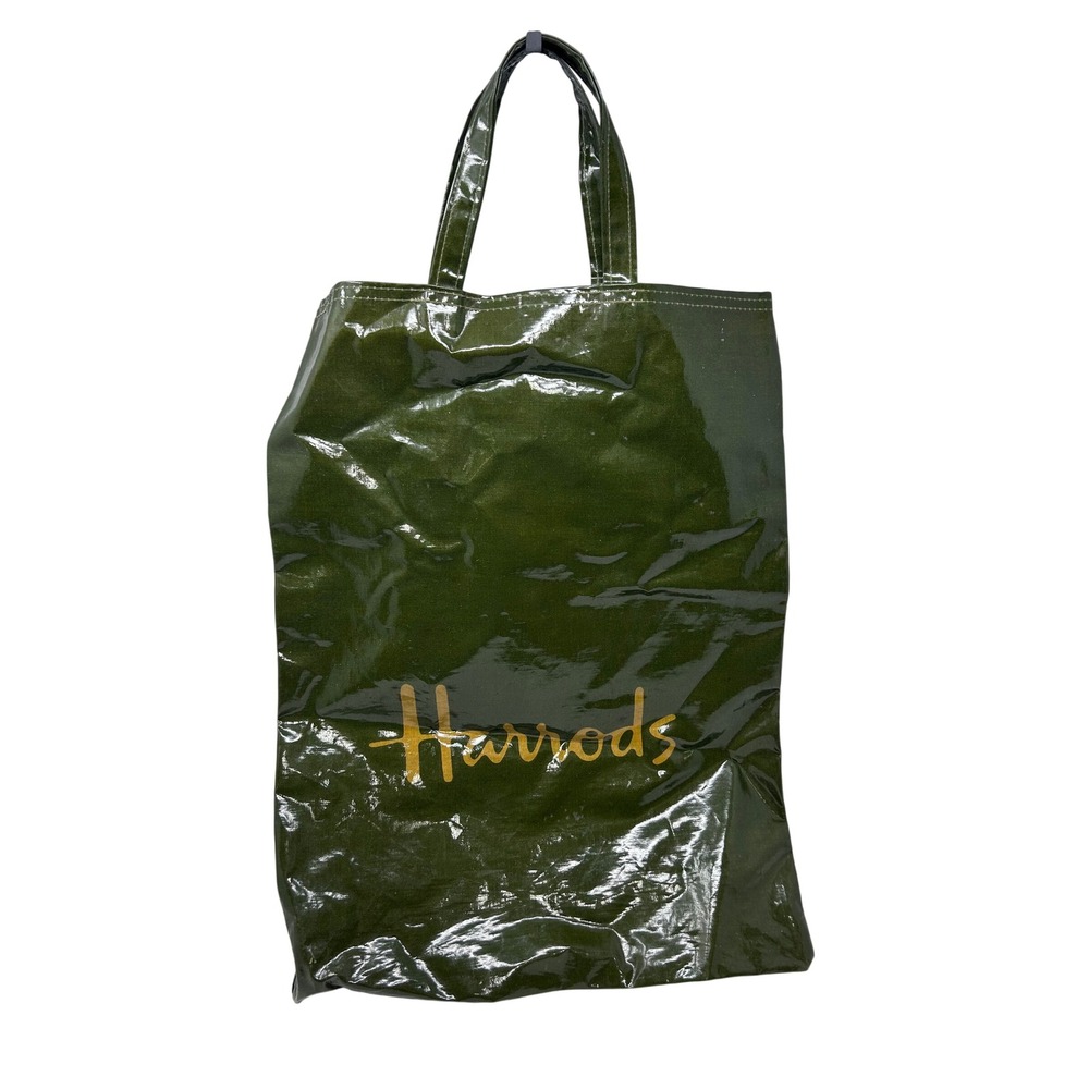 Harrods London‎ Shopper Bag Olive Green PVC Coated Cotton Tote Logo Large
